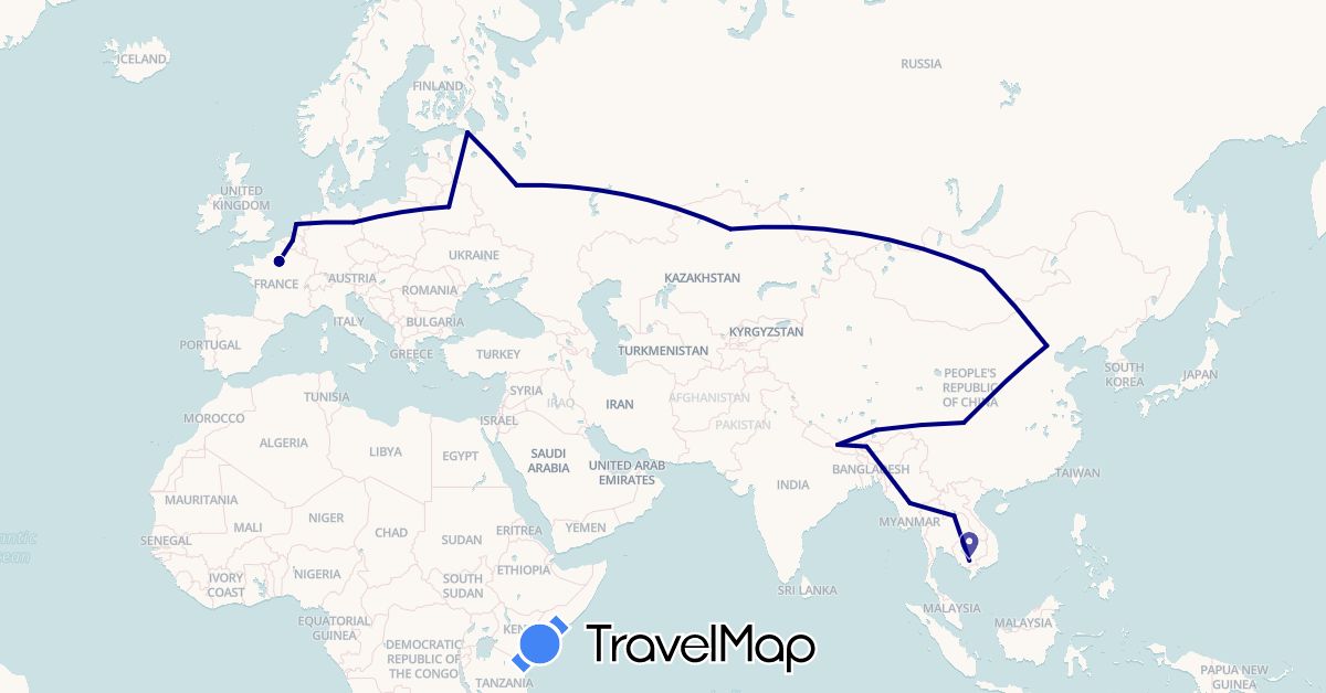 TravelMap itinerary: driving in Belgium, Bhutan, Belarus, China, Germany, France, Cambodia, Kazakhstan, Laos, Myanmar (Burma), Mongolia, Netherlands, Nepal, Russia (Asia, Europe)